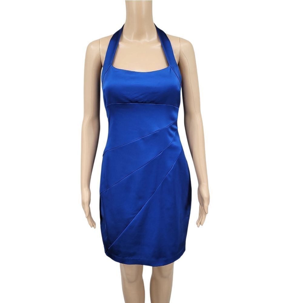 Cache Y2K Elegant Blue Satin Bodycon Halter Dress